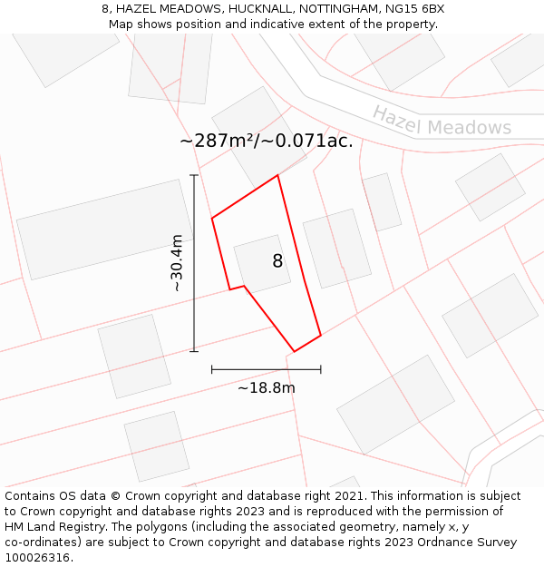 8, HAZEL MEADOWS, HUCKNALL, NOTTINGHAM, NG15 6BX: Plot and title map