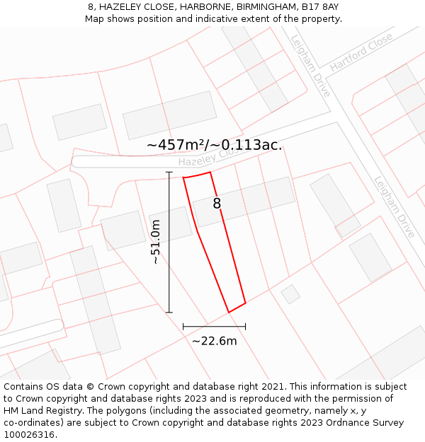 8, HAZELEY CLOSE, HARBORNE, BIRMINGHAM, B17 8AY: Plot and title map