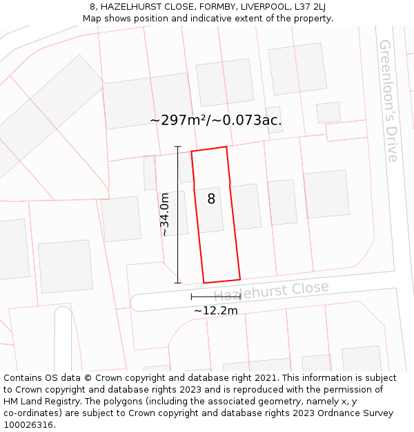 8, HAZELHURST CLOSE, FORMBY, LIVERPOOL, L37 2LJ: Plot and title map