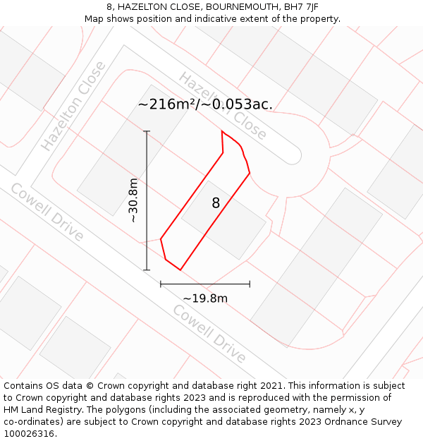 8, HAZELTON CLOSE, BOURNEMOUTH, BH7 7JF: Plot and title map