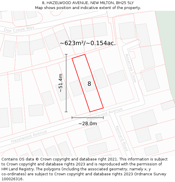 8, HAZELWOOD AVENUE, NEW MILTON, BH25 5LY: Plot and title map