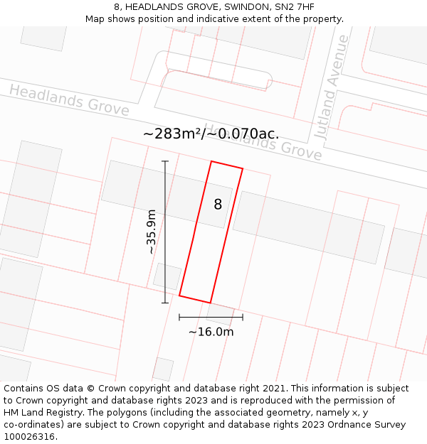 8, HEADLANDS GROVE, SWINDON, SN2 7HF: Plot and title map