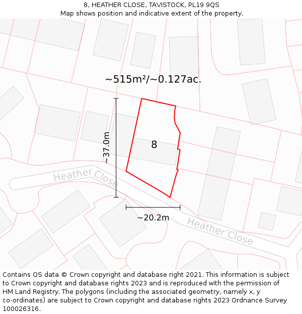 8, HEATHER CLOSE, TAVISTOCK, PL19 9QS: Plot and title map