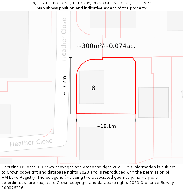 8, HEATHER CLOSE, TUTBURY, BURTON-ON-TRENT, DE13 9PP: Plot and title map