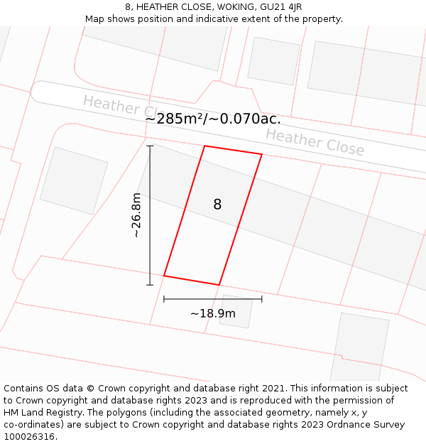 8, HEATHER CLOSE, WOKING, GU21 4JR: Plot and title map
