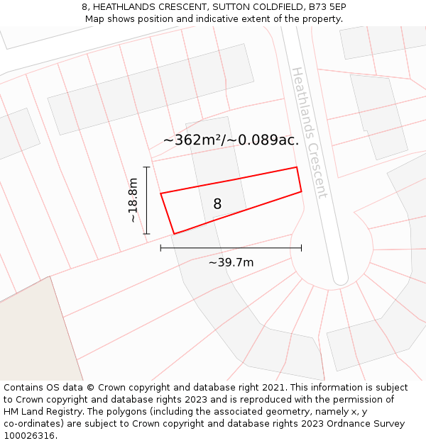 8, HEATHLANDS CRESCENT, SUTTON COLDFIELD, B73 5EP: Plot and title map