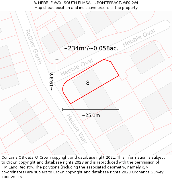 8, HEBBLE WAY, SOUTH ELMSALL, PONTEFRACT, WF9 2WL: Plot and title map