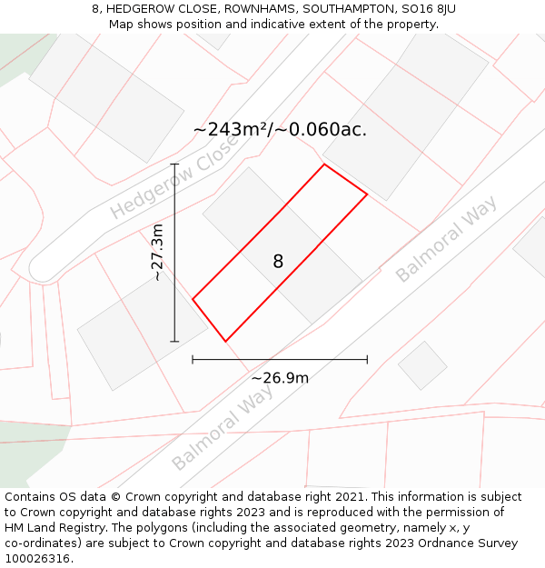 8, HEDGEROW CLOSE, ROWNHAMS, SOUTHAMPTON, SO16 8JU: Plot and title map