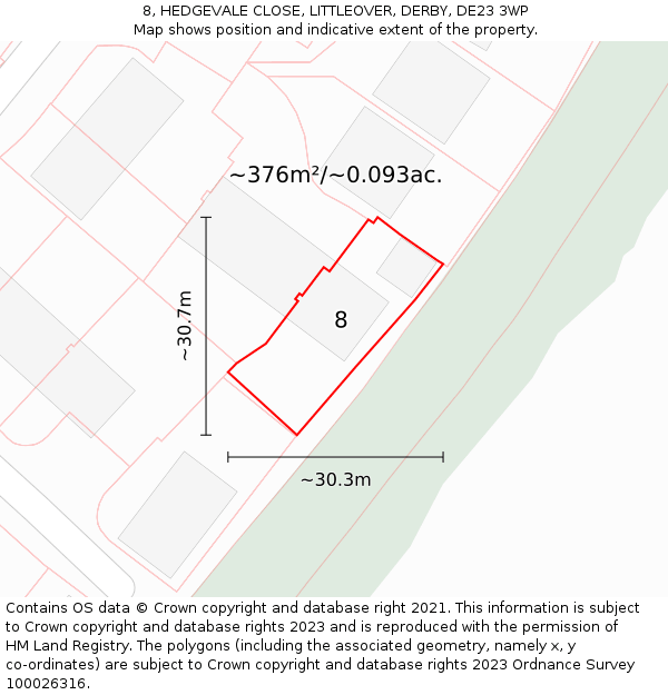 8, HEDGEVALE CLOSE, LITTLEOVER, DERBY, DE23 3WP: Plot and title map