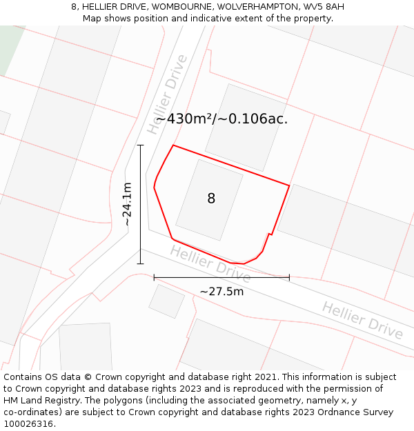 8, HELLIER DRIVE, WOMBOURNE, WOLVERHAMPTON, WV5 8AH: Plot and title map