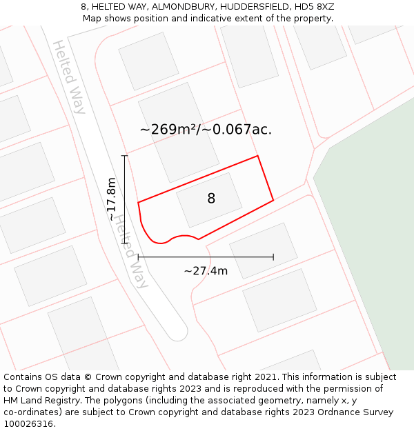 8, HELTED WAY, ALMONDBURY, HUDDERSFIELD, HD5 8XZ: Plot and title map