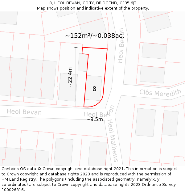 8, HEOL BEVAN, COITY, BRIDGEND, CF35 6JT: Plot and title map