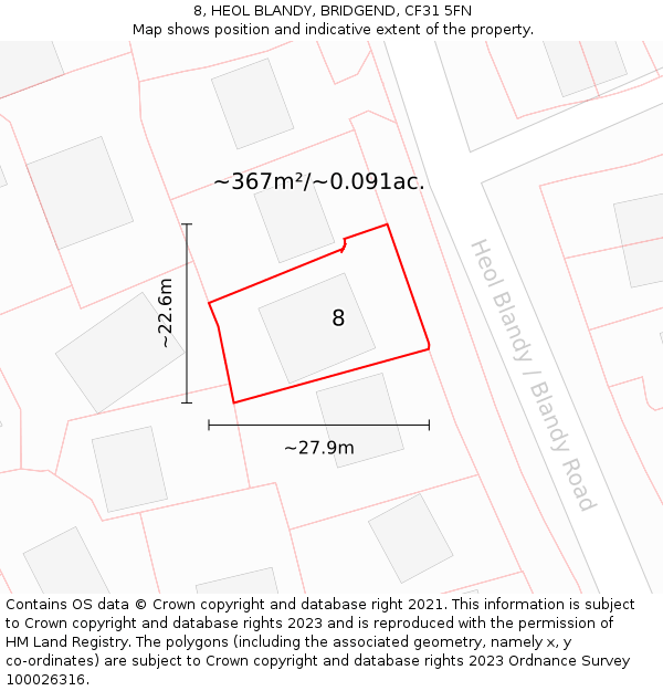 8, HEOL BLANDY, BRIDGEND, CF31 5FN: Plot and title map