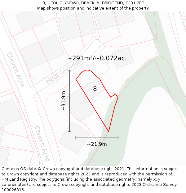 8, HEOL GLYNDWR, BRACKLA, BRIDGEND, CF31 2EB: Plot and title map