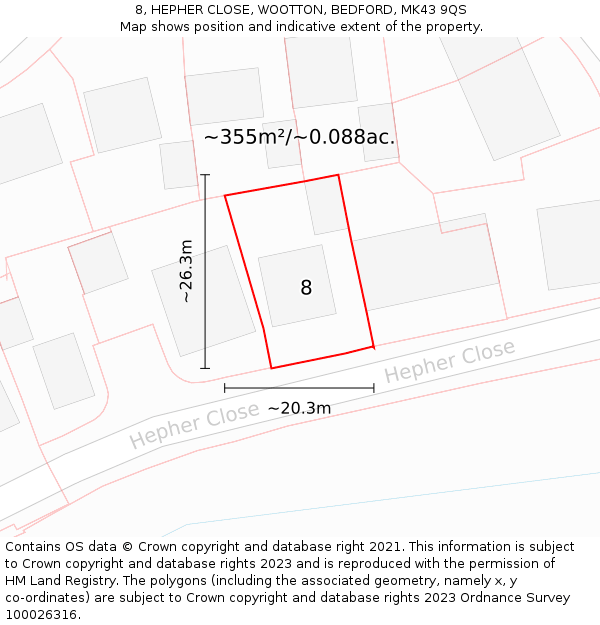 8, HEPHER CLOSE, WOOTTON, BEDFORD, MK43 9QS: Plot and title map