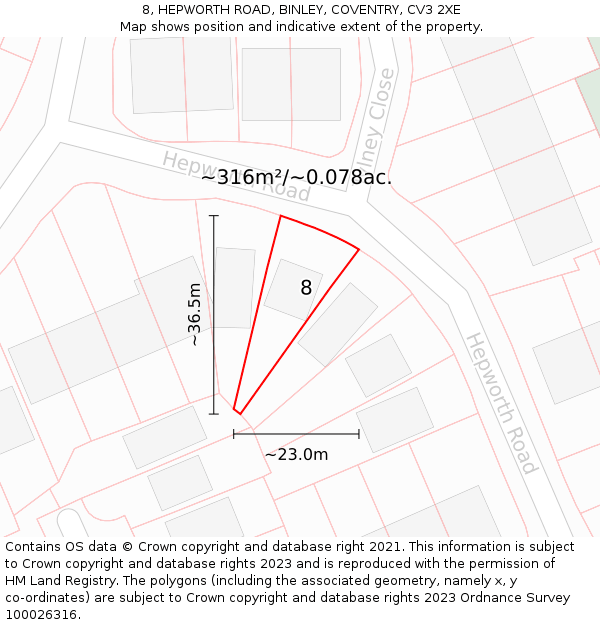 8, HEPWORTH ROAD, BINLEY, COVENTRY, CV3 2XE: Plot and title map