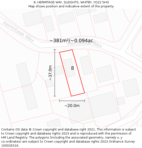 8, HERMITAGE WAY, SLEIGHTS, WHITBY, YO22 5HG: Plot and title map