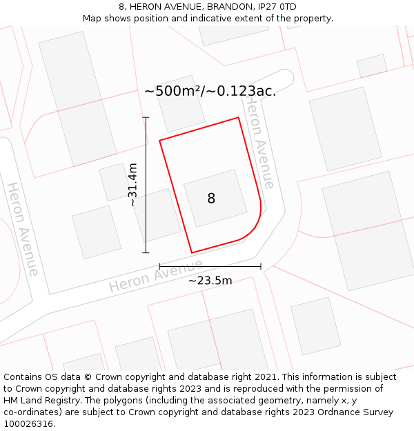 8, HERON AVENUE, BRANDON, IP27 0TD: Plot and title map