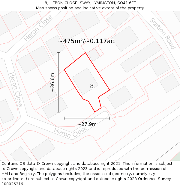 8, HERON CLOSE, SWAY, LYMINGTON, SO41 6ET: Plot and title map