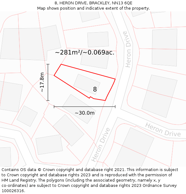 8, HERON DRIVE, BRACKLEY, NN13 6QE: Plot and title map