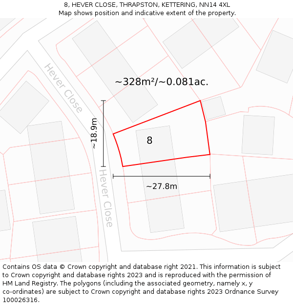 8, HEVER CLOSE, THRAPSTON, KETTERING, NN14 4XL: Plot and title map