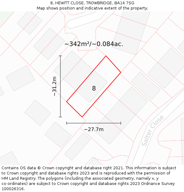 8, HEWITT CLOSE, TROWBRIDGE, BA14 7SG: Plot and title map