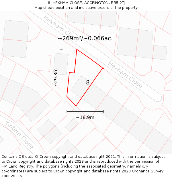 8, HEXHAM CLOSE, ACCRINGTON, BB5 2TJ: Plot and title map