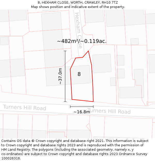 8, HEXHAM CLOSE, WORTH, CRAWLEY, RH10 7TZ: Plot and title map