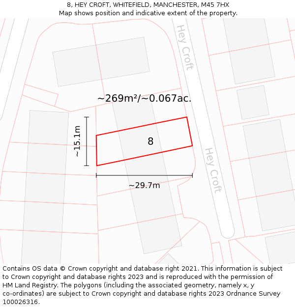 8, HEY CROFT, WHITEFIELD, MANCHESTER, M45 7HX: Plot and title map