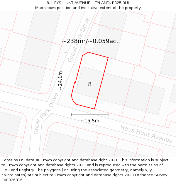 8, HEYS HUNT AVENUE, LEYLAND, PR25 3UL: Plot and title map