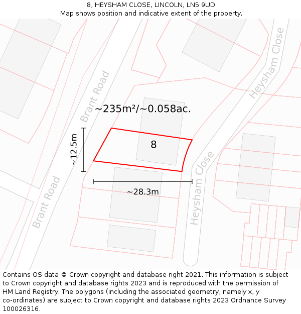 8, HEYSHAM CLOSE, LINCOLN, LN5 9UD: Plot and title map