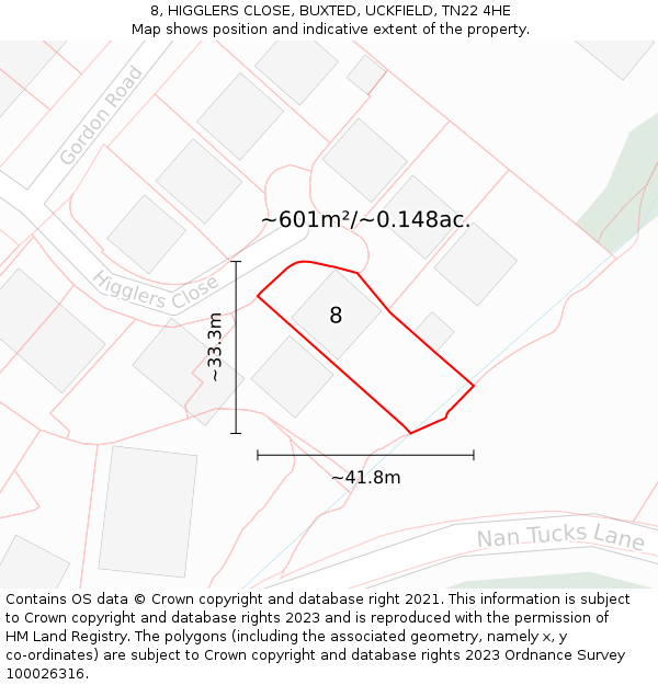 8, HIGGLERS CLOSE, BUXTED, UCKFIELD, TN22 4HE: Plot and title map