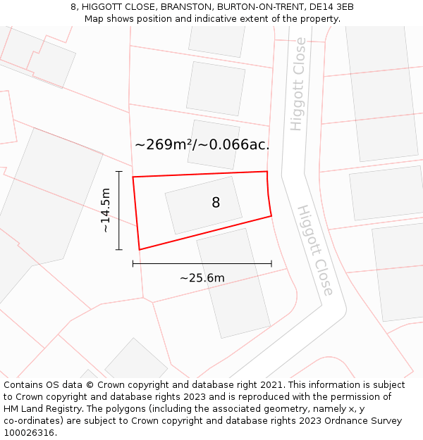 8, HIGGOTT CLOSE, BRANSTON, BURTON-ON-TRENT, DE14 3EB: Plot and title map