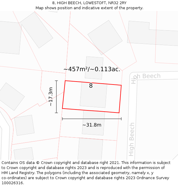 8, HIGH BEECH, LOWESTOFT, NR32 2RY: Plot and title map