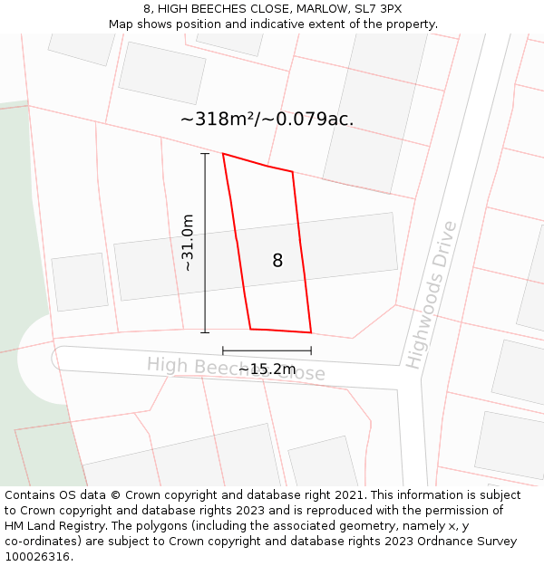 8, HIGH BEECHES CLOSE, MARLOW, SL7 3PX: Plot and title map