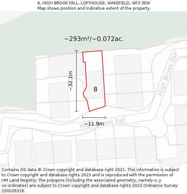 8, HIGH BROOK FALL, LOFTHOUSE, WAKEFIELD, WF3 3EW: Plot and title map