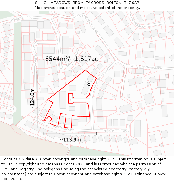8, HIGH MEADOWS, BROMLEY CROSS, BOLTON, BL7 9AR: Plot and title map