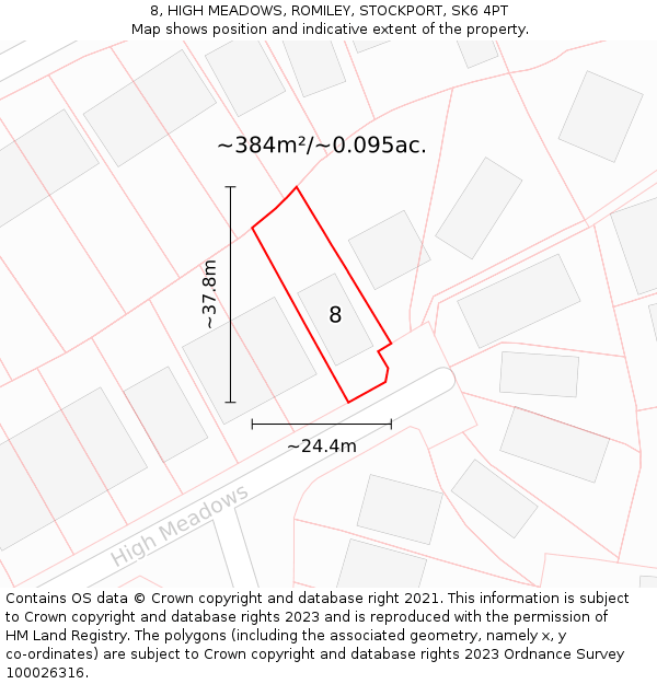 8, HIGH MEADOWS, ROMILEY, STOCKPORT, SK6 4PT: Plot and title map