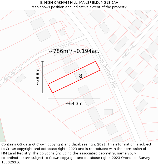 8, HIGH OAKHAM HILL, MANSFIELD, NG18 5AH: Plot and title map