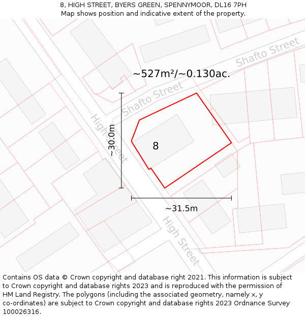 8, HIGH STREET, BYERS GREEN, SPENNYMOOR, DL16 7PH: Plot and title map