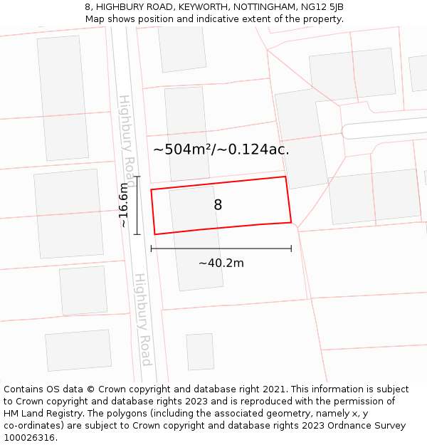 8, HIGHBURY ROAD, KEYWORTH, NOTTINGHAM, NG12 5JB: Plot and title map