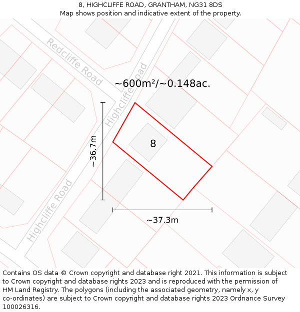 8, HIGHCLIFFE ROAD, GRANTHAM, NG31 8DS: Plot and title map