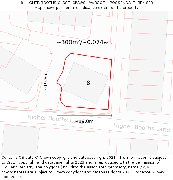 8, HIGHER BOOTHS CLOSE, CRAWSHAWBOOTH, ROSSENDALE, BB4 8FR: Plot and title map