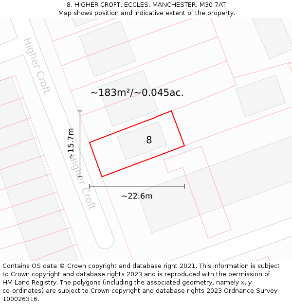 8, HIGHER CROFT, ECCLES, MANCHESTER, M30 7AT: Plot and title map