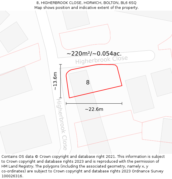 8, HIGHERBROOK CLOSE, HORWICH, BOLTON, BL6 6SQ: Plot and title map