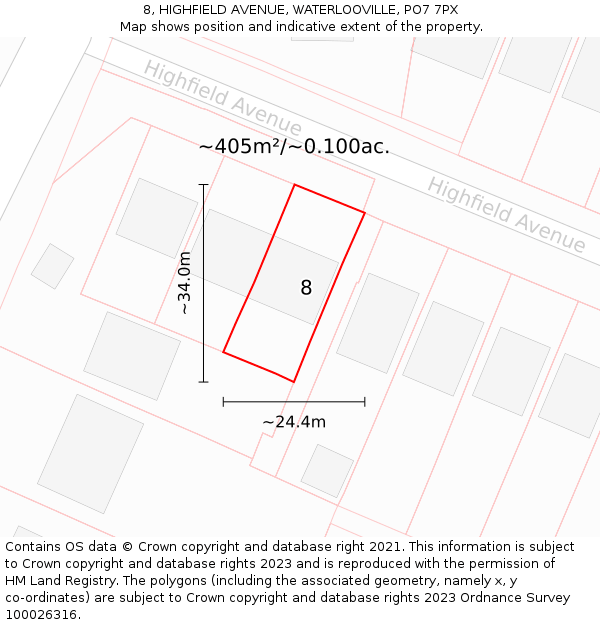 8, HIGHFIELD AVENUE, WATERLOOVILLE, PO7 7PX: Plot and title map