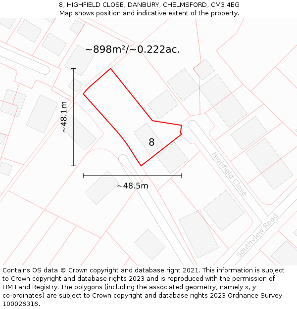 8, HIGHFIELD CLOSE, DANBURY, CHELMSFORD, CM3 4EG: Plot and title map