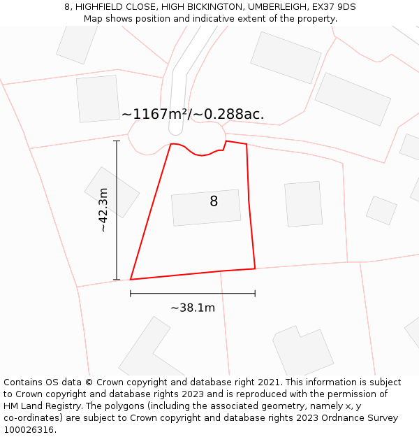 8, HIGHFIELD CLOSE, HIGH BICKINGTON, UMBERLEIGH, EX37 9DS: Plot and title map