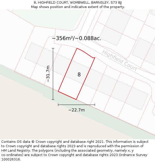 8, HIGHFIELD COURT, WOMBWELL, BARNSLEY, S73 8JJ: Plot and title map