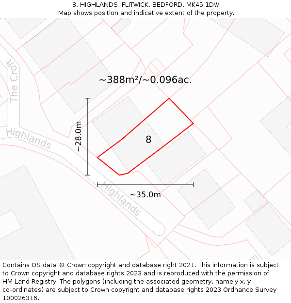 8, HIGHLANDS, FLITWICK, BEDFORD, MK45 1DW: Plot and title map